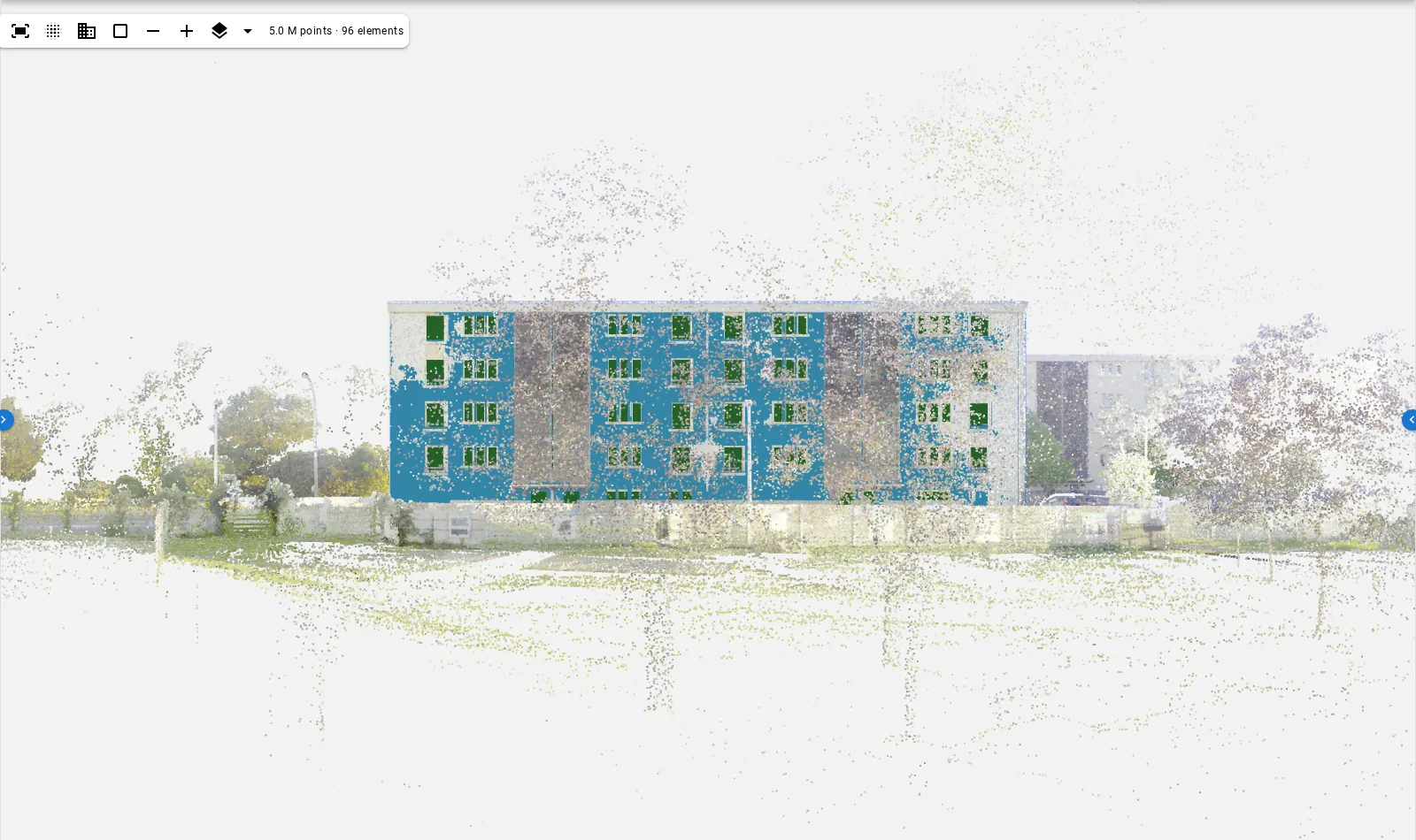 Elevation view of a scanned facade with the fitted windows drawn over the point cloud.