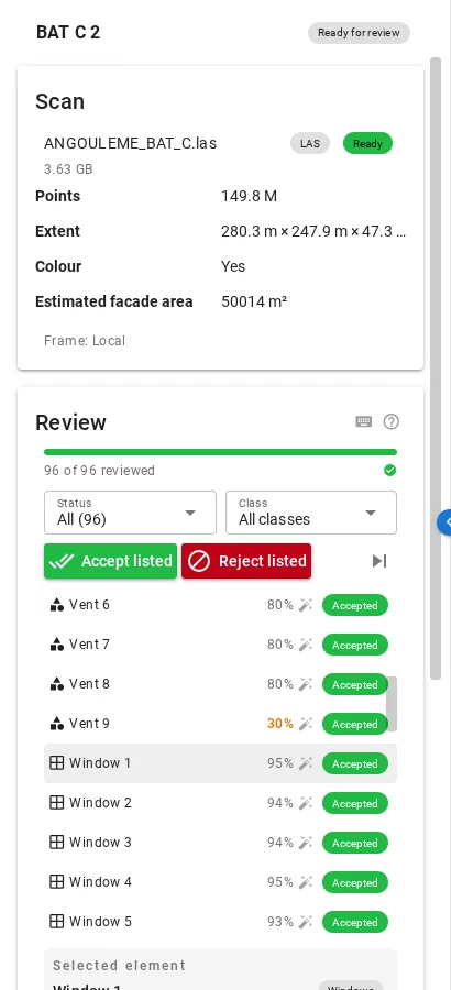 The review panel: progress bar, status and class filters, accept and reject buttons, the element list, the selected element.