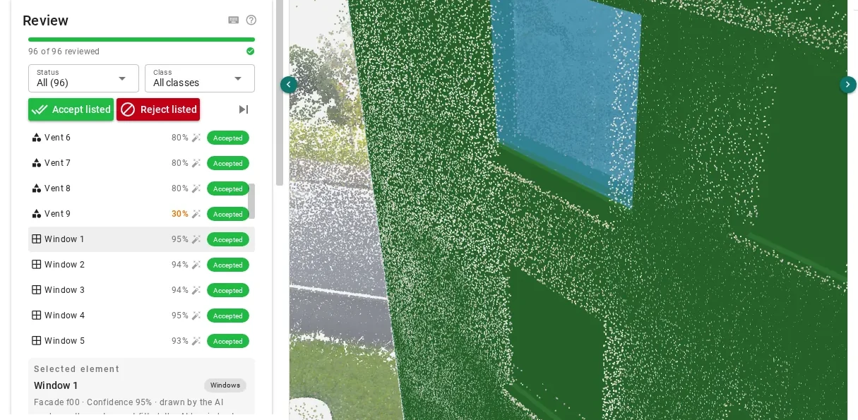 The AutoIFC review list beside the 3D viewer, with a window selected and framed in the point cloud.