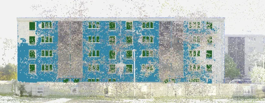 A generated facade model over the point cloud it was measured from.